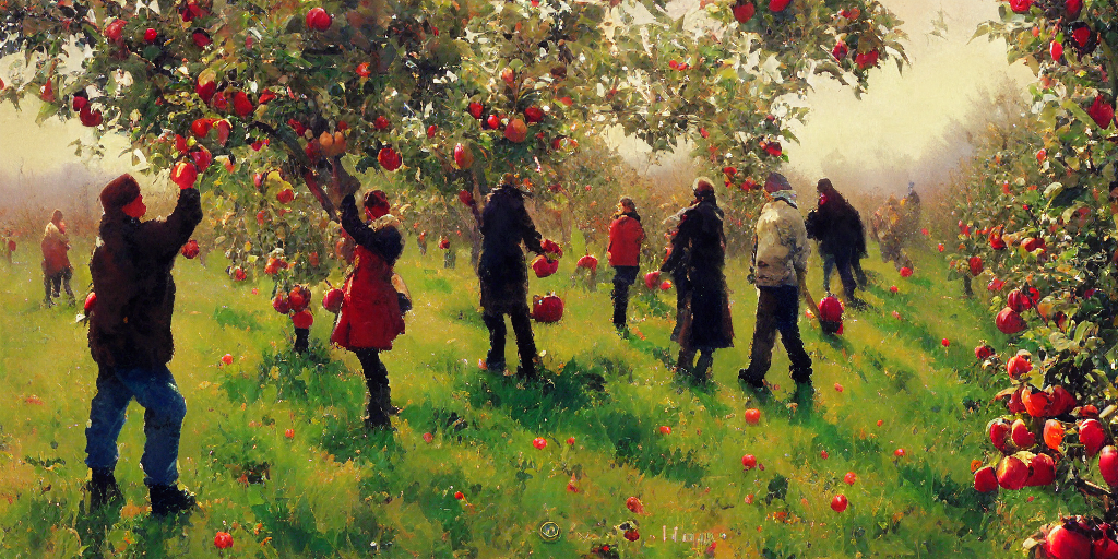 an illustration of picking and choosing orchard of apple of different colors, by alexi zaitsev, by Antoine Blanchard, by Brent Heighton, by Jeremy Mann