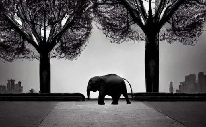 a highly stylized photo of baby elephants, playing in the cities, with trees, and building, blurred background, trending on arts