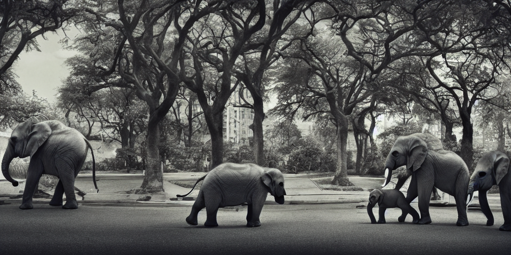 a highly stylized photo of baby elephants, playing in the cities, with trees, and building, blurred background, trending on arts