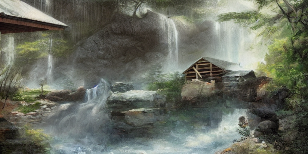 ever changing house beside a waterfall in the woods, by Josef Thoma, matte painting, trending on artstation HQ