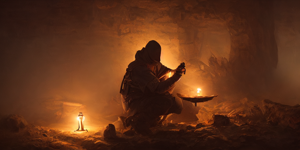 a photo of searching a list using a torchlight , no face, sharp focus, wide shot, trending on artstation, masterpiece, by Marek Okon, octane, soft render, oil on canvas, colorful, cinematic, environmental concept art