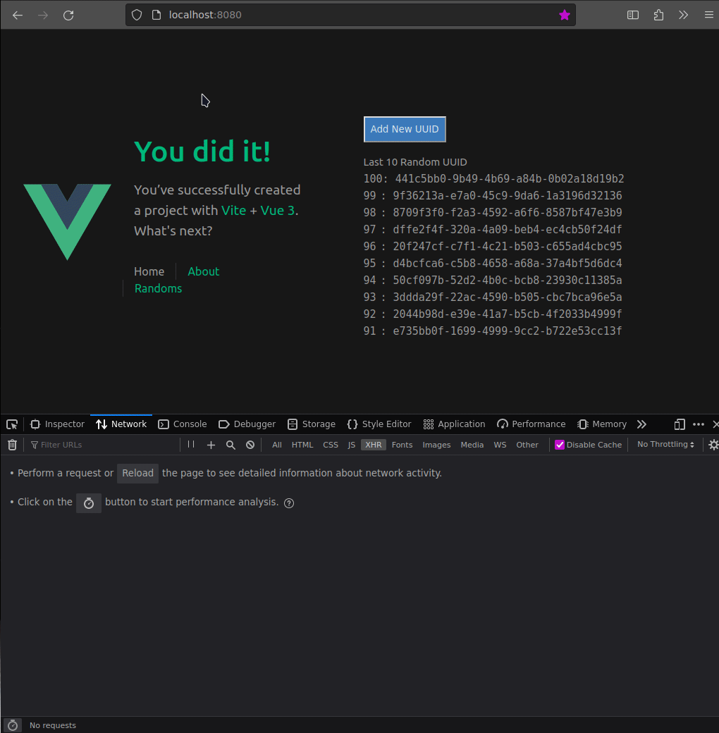 A gif animation showing a demonstration of a Vue3 SPA website with a list of the last ten random UUIDs with an &lsquo;add&rsquo; button. Upon clicking that button, a new UUID is appended to the list.
