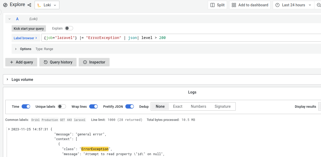 query logs by searching and filtering